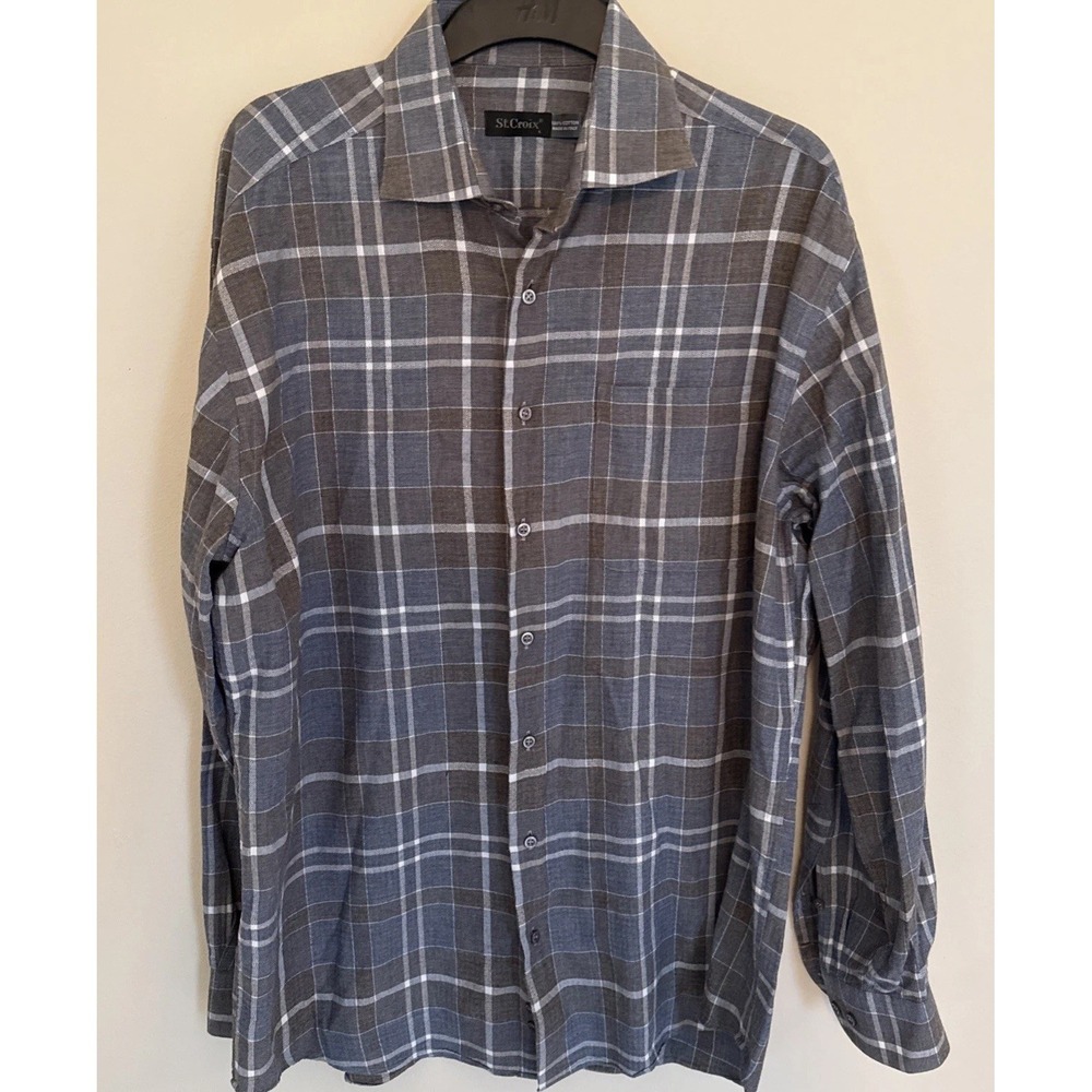 St Croix Dress Shirt Mens Blue & Gray Plaid Button Down Shirt Size L